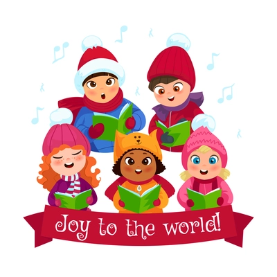 Little kids in winter clothing singing Christmas caroling flat composition vector illustration