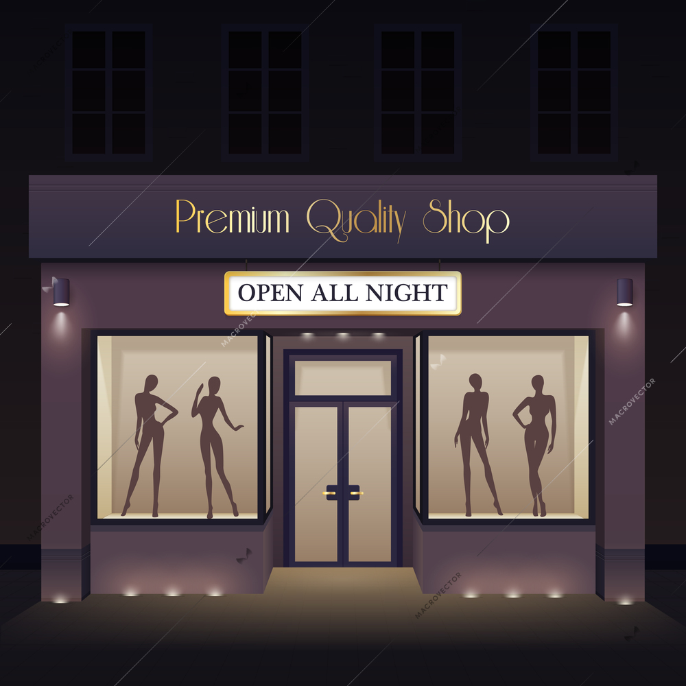 Beauty store front view template with door windows mannequin silhouettes at night vector illustration