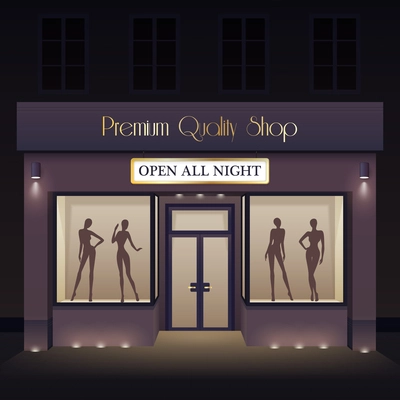 Beauty store front view template with door windows mannequin silhouettes at night vector illustration