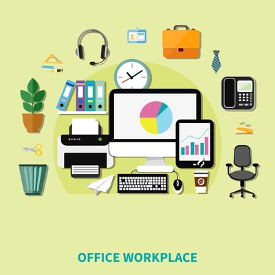 Office workplace composition of decorative icons with computer printer phone shelf with folders and waste basket flat vector illustration