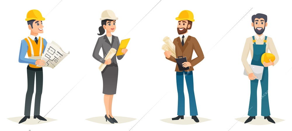 Engineers cartoon set with civil engineering construction workers architect and surveyor isolated vector illustration