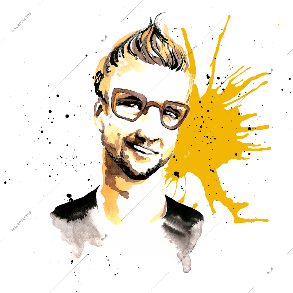 Smiling hipster character man guy in glasses ink drawn vector illustration