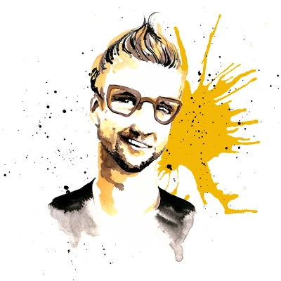 Smiling hipster character man guy in glasses ink drawn vector illustration