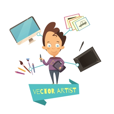 Illustration of vector artist profession for kids in cartoon style with elements of materials and instruments for graphic design