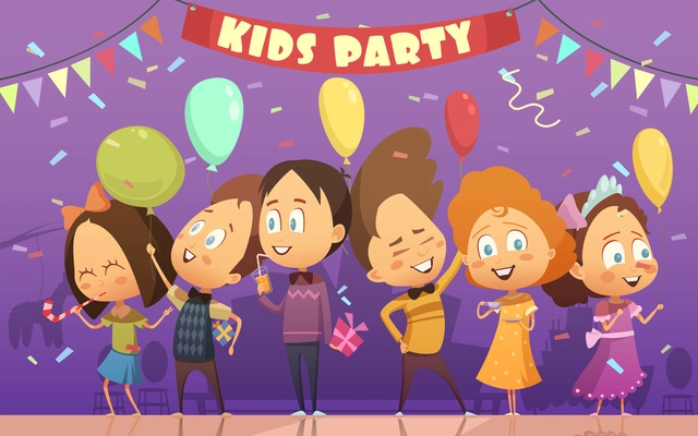 Merry kids dancing and playing at birthday patry cartoon vector illustration