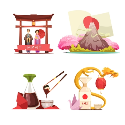 Japanese culture traditions for travelers 4 retro cartoon square composition with sushi and sake isolated vector illustration