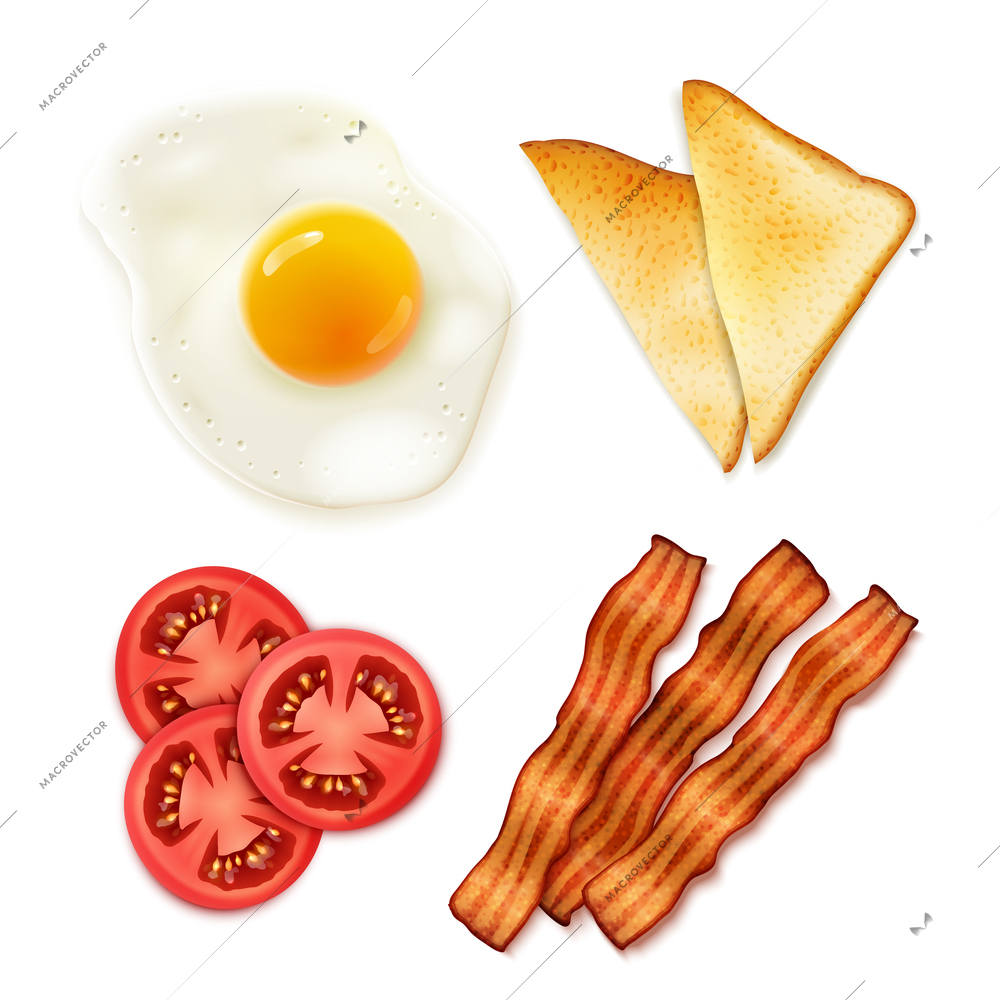 Full english breakfast 4 main ingredients top view set with egg tomato bacon and bread isolated vector illustration