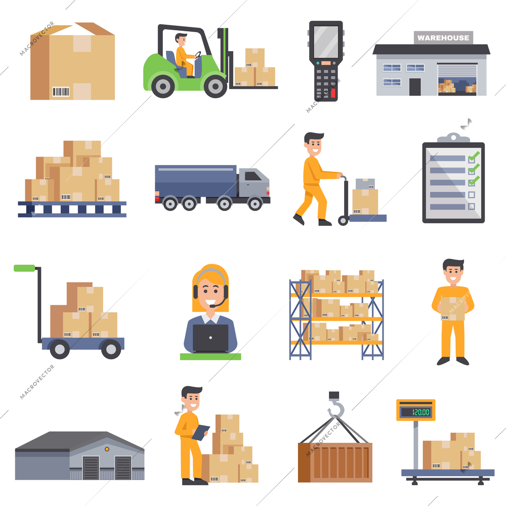 Warehouse isolated flat icons set  of delivery truck shelves with goods scales boxes container and storage workers vector illustration