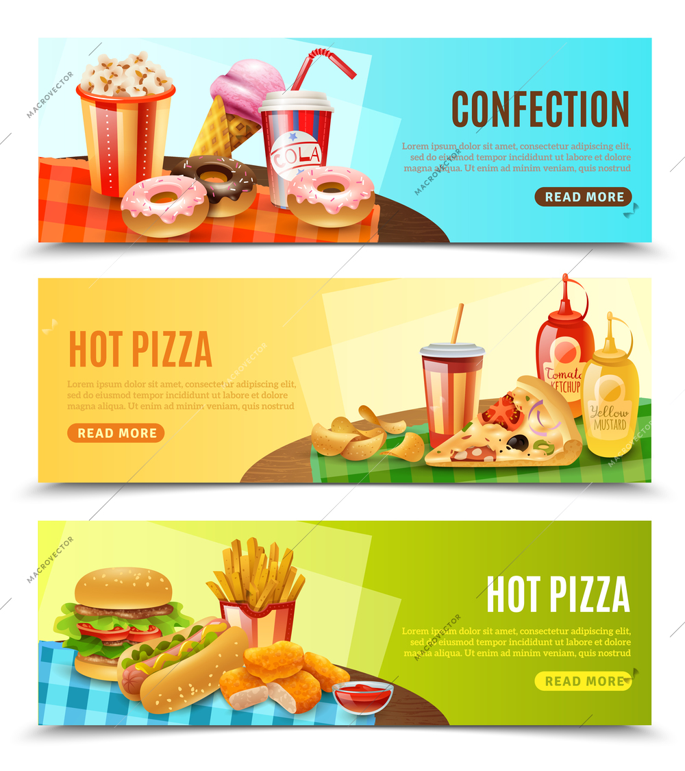 Hot pizza restaurant online order 3 flat horizontal banners with fast food menu information isolated vector illustration