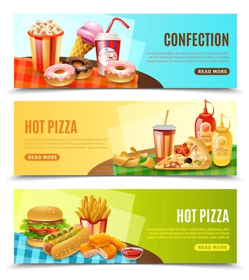 Hot pizza restaurant online order 3 flat horizontal banners with fast food menu information isolated vector illustration