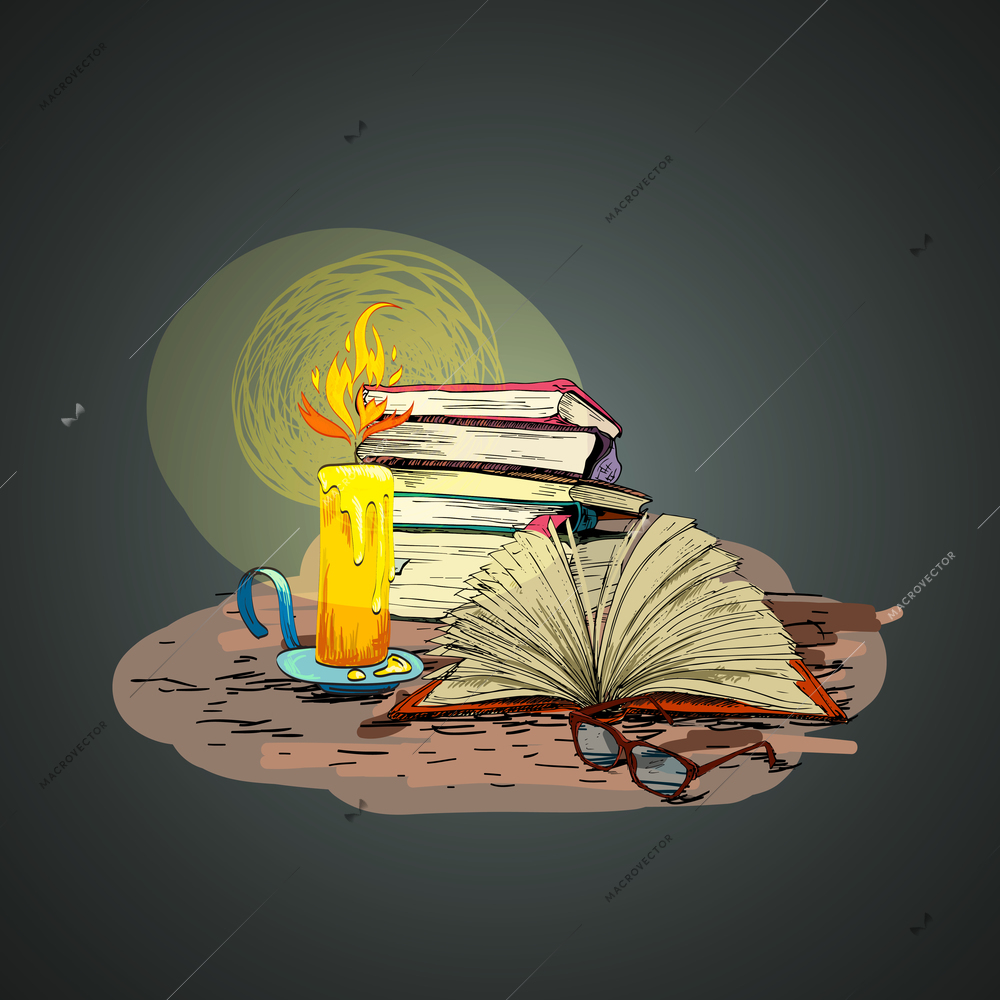 Vintage retro wax candle reading books and glasses doodle vector illustration