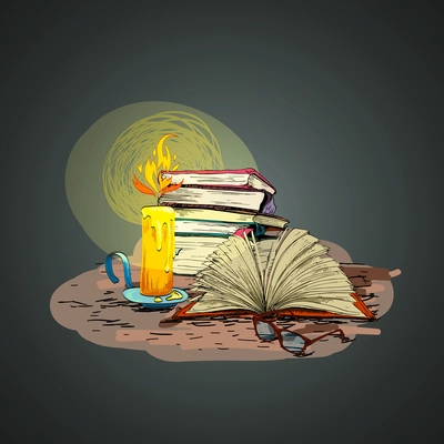 Vintage retro wax candle reading books and glasses doodle vector illustration