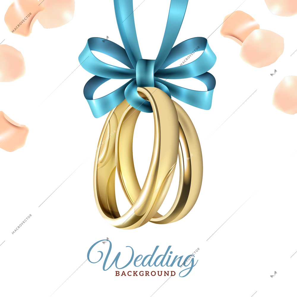 Wedding realistic background with hanging gold metal rings ribbon bow rose petals vector illustration