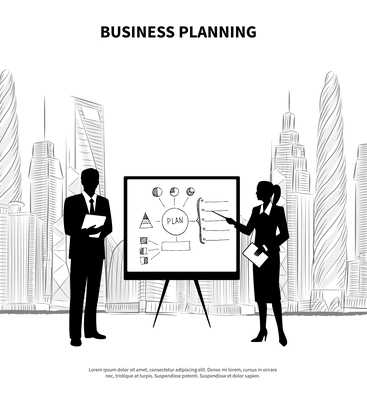 Businessman and businesswoman with flipchart presentation on modern city background vector illustration