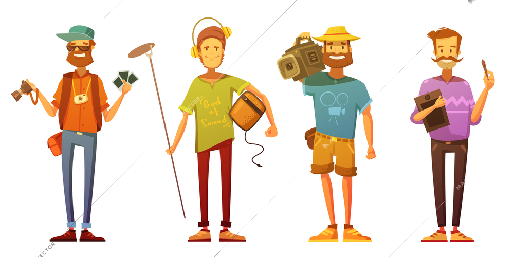 Freelance journalist reporter cameraman and artist dressed casually at work cartoon retro style isolated vector illustration