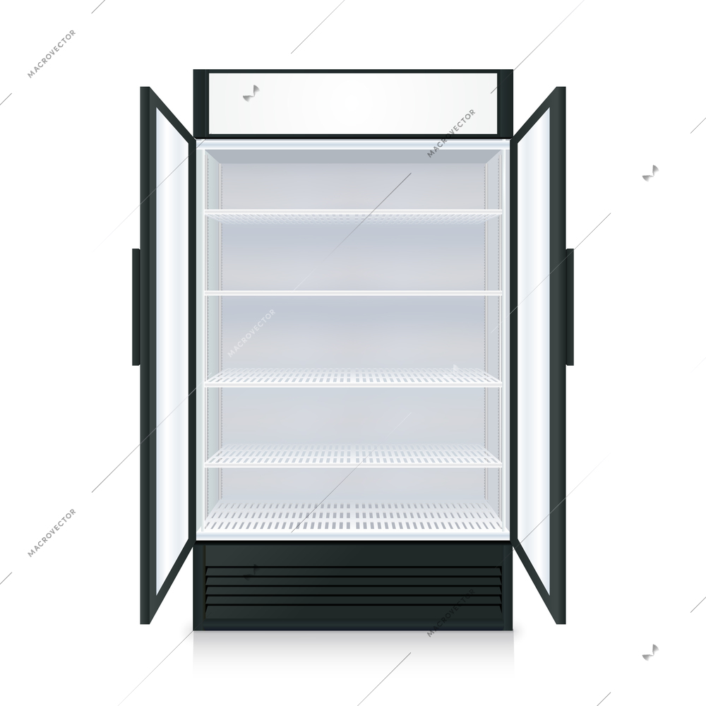 Realistic empty commercial fridge with shelves and transparent opened doors isolated vector illustration