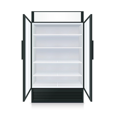 Realistic empty commercial fridge with shelves and transparent opened doors isolated vector illustration