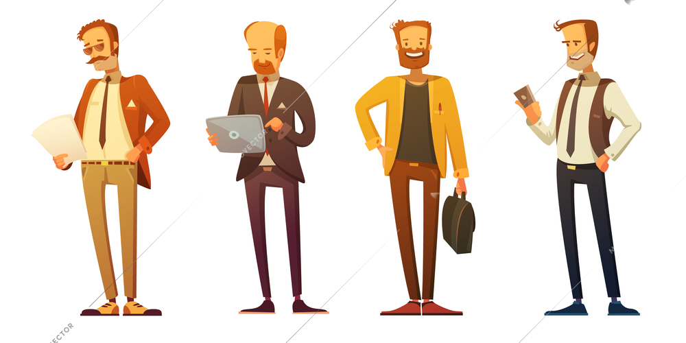 Business man dress code 4 retro cartoon icons set with businessmen at work isolated vector illustration