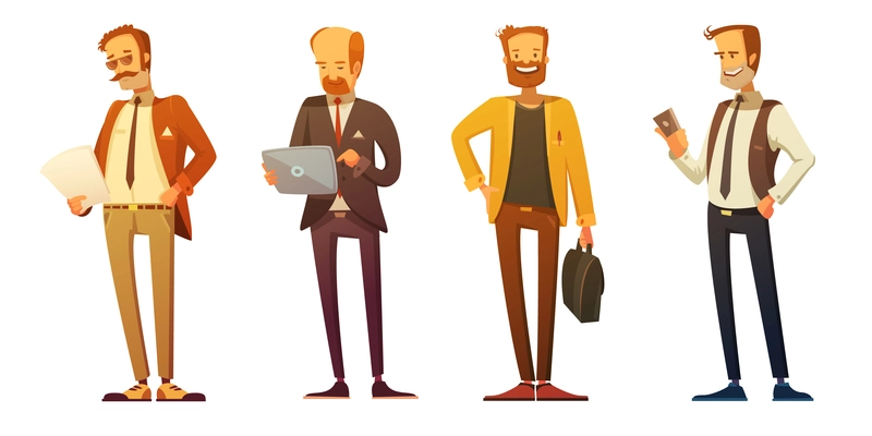 Business man dress code 4 retro cartoon icons set with businessmen at work isolated vector illustration