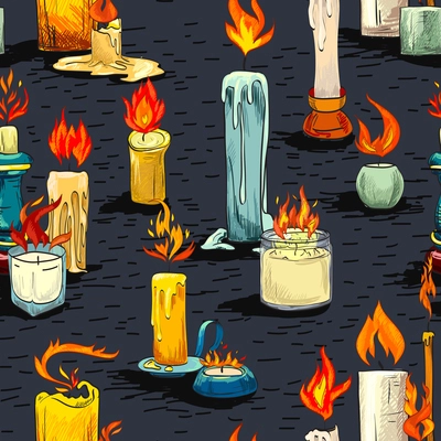 Vintage retro wax flame colorful sketch holiday and decoration candles seamless pattern vector illustration