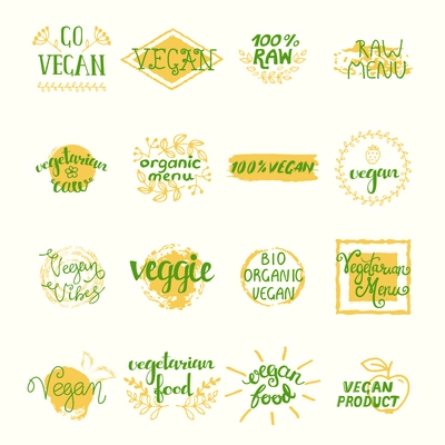 Vegan retro elements set of labels stickers tags badges and emblems isolated vector illustration