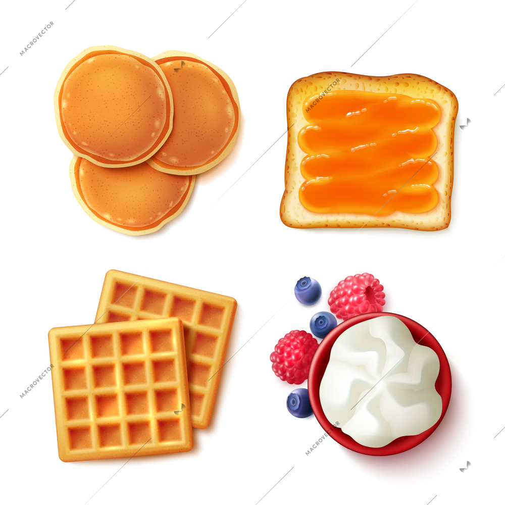 Breakfast menu items 4 realistic top vie images square composition with pancakes waffles toast cream isolated vector illustration