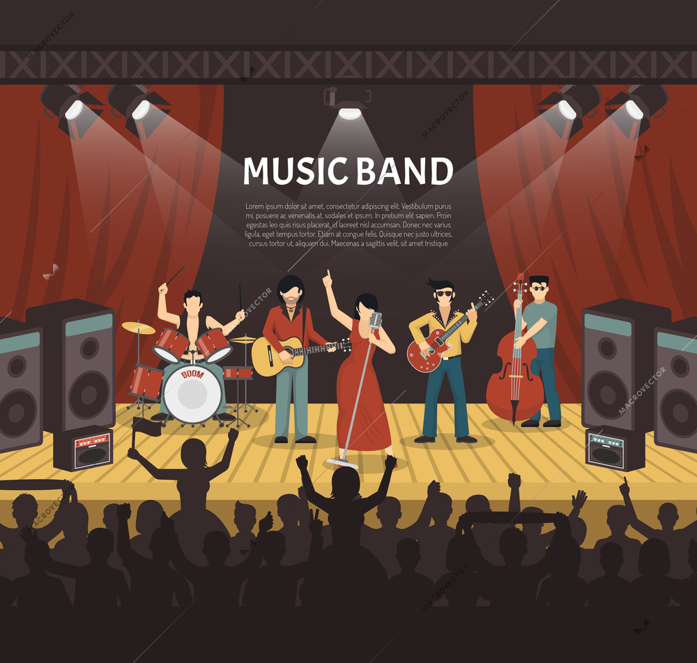 Pop music band flat vector illustration with musicians on stage and silhouettes of young audience coming to concert