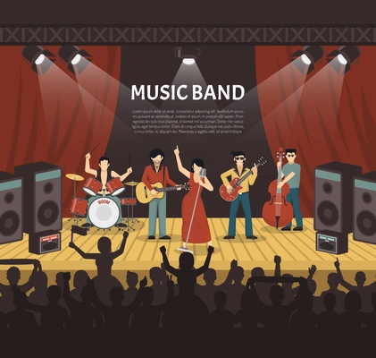 Pop music band flat vector illustration with musicians on stage and silhouettes of young audience coming to concert