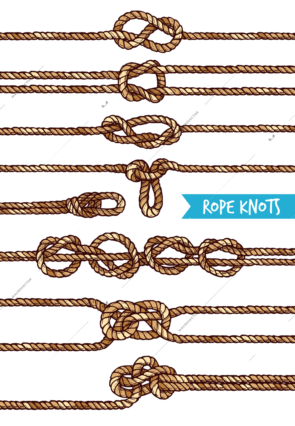 Rope knots set of different nodes and shapes in hand drawn style isolated vector illustration