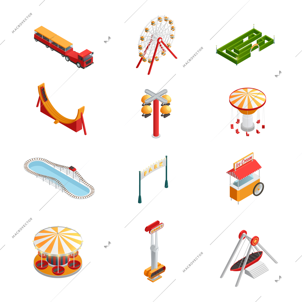 Amusement park for children with attractions isometric icons set isolated vector illustration
