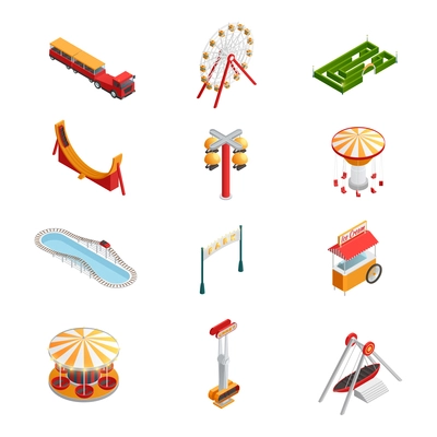 Amusement park for children with attractions isometric icons set isolated vector illustration