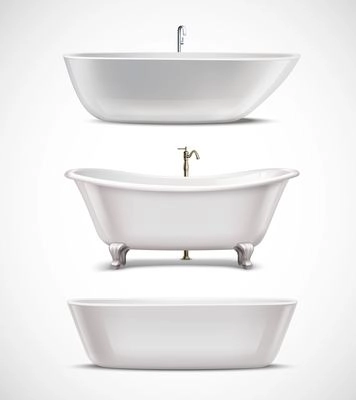 White bathtubs of different style and shape realistic set isolated on white background vector illustration