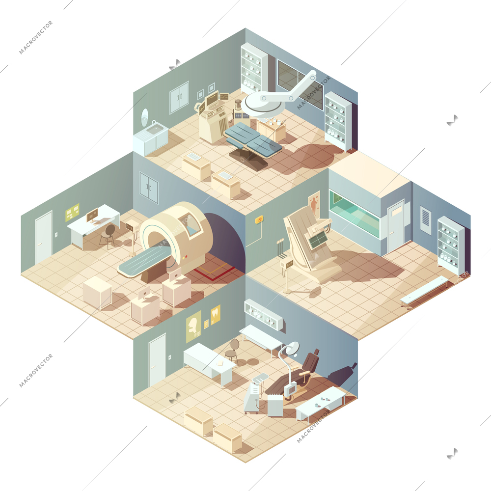 Isometric hospital rooms with various equipment for examination concept on white background vector illustration