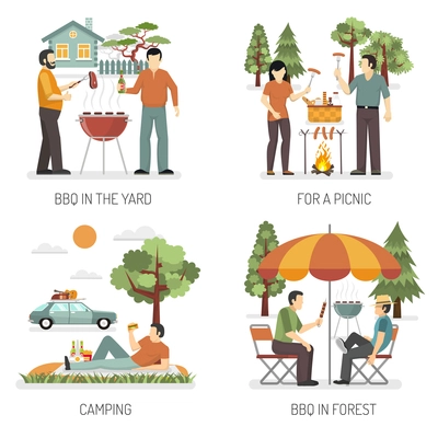 Barbecue 2x2 design concept set of yard park forest and camping flat compositions as places for picnic vector illustration