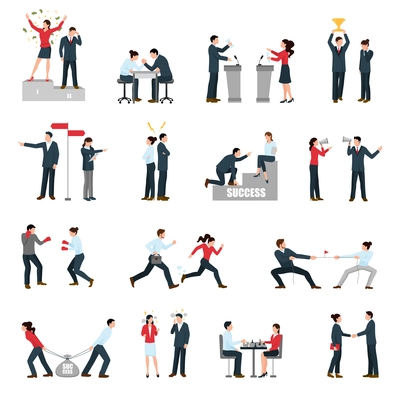 Constructive confrontations in business specific situations as way for success symbols flat icons collection isolated vector illustration