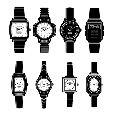 Modern and retro popular watches styles sets black icons collection with mechanical automatic and quartz isolated vector illustration