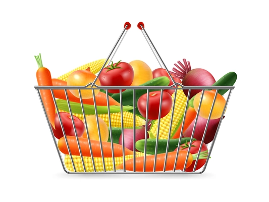 Shopping basket with two handles full of fresh organic vegetables vegetables realistic clouseup side view image vector illustration