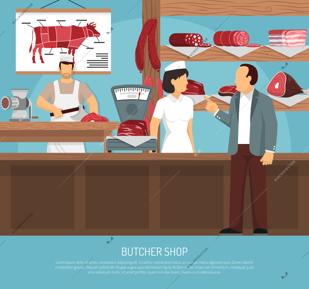 Butcher shop with retro scales meat charts sausages and customer buying beef loin cut flat vector illustration
