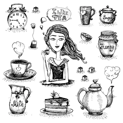 Tea set scene with the girl vector illustration