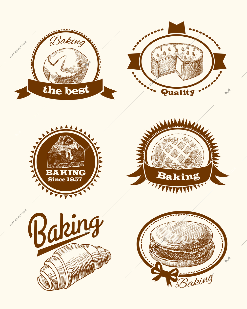 Baked pastry cakes and traditional brean food labels with frames and ribbons vector illustration