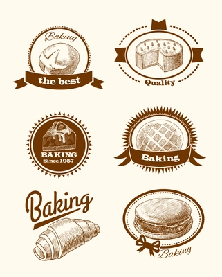 Baked pastry cakes and traditional brean food labels with frames and ribbons vector illustration