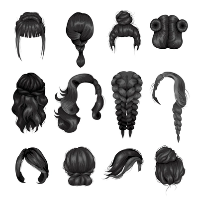Women hairstyle wigs false and natural hair pieces front and back view  black icons collection isolated vector illustration
