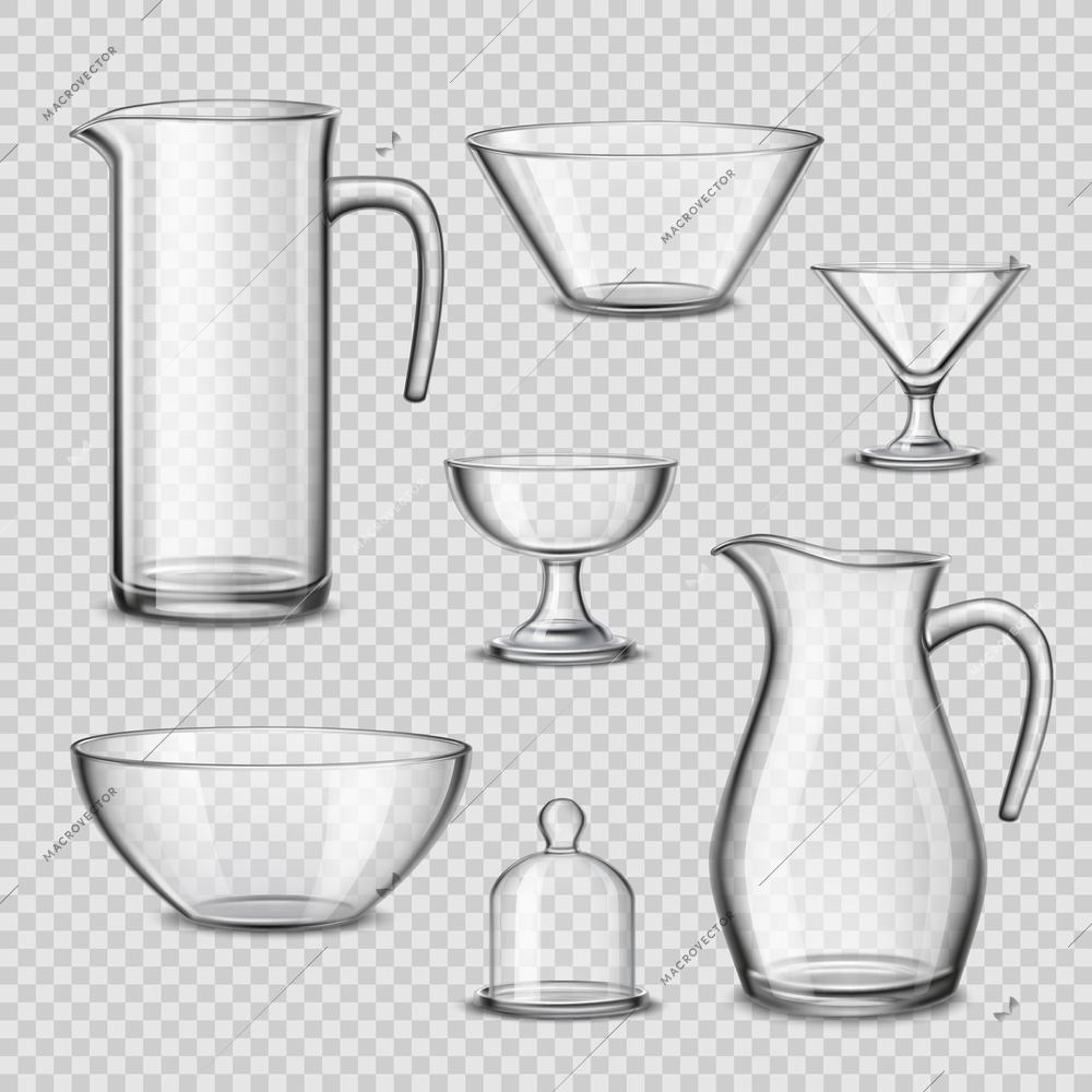 Kitchen glassware utensils collection of pitchers wine glasses bowels drinking accessories realistic side view transparent background vector illustration