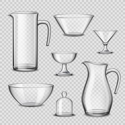 Kitchen glassware utensils collection of pitchers wine glasses bowels drinking accessories realistic side view transparent background vector illustration