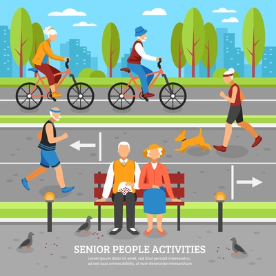 Senior people activities outdoor composition with flat characters doing different exercises sitting jogging and riding bikes vector illustration