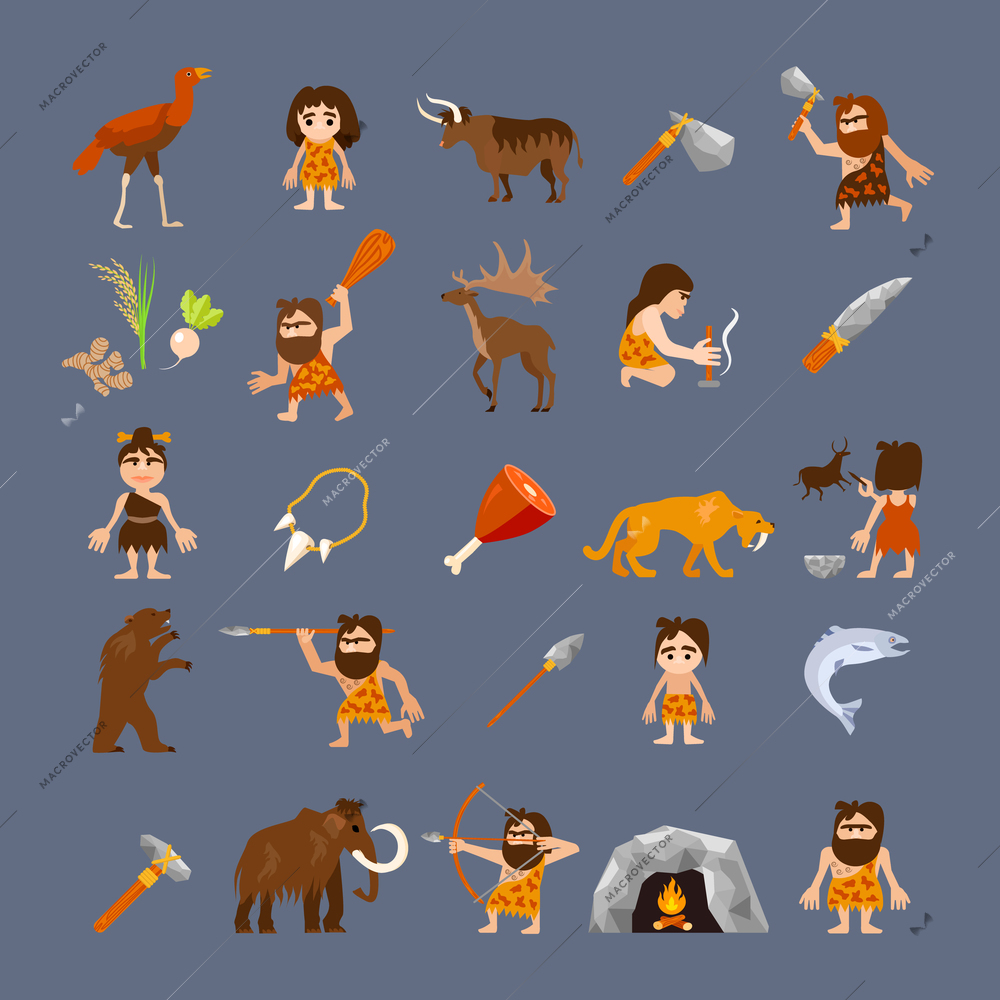 Ancient flat icons collection with caveman weapons food animals and tools isolated vector illustration