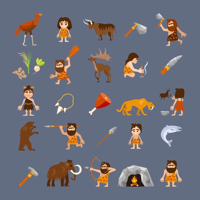 Ancient flat icons collection with caveman weapons food animals and tools isolated vector illustration