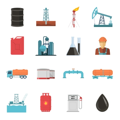 Oil and gas industry isolated icon set with power plants vessels jars pumping units and vehicles vector illustration