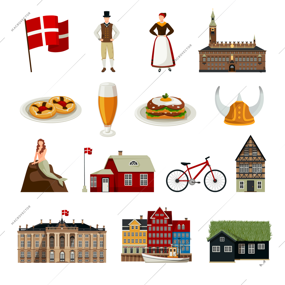 Denmark set of icons in flat style with architecture national flag clothing and  cuisine isolated vector illustration