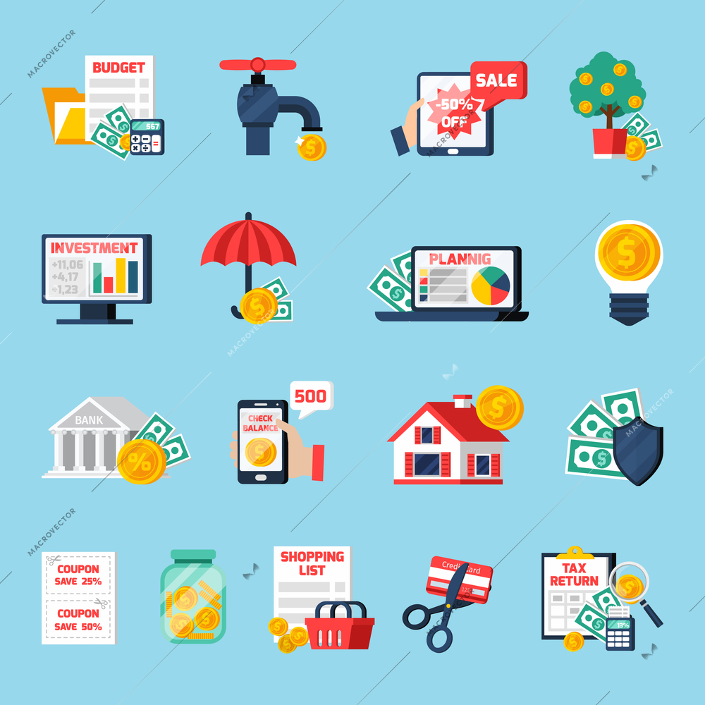 Home budget icons set with counting money symbols on blue background flat isolated vector illustration